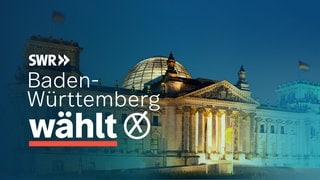 Bundestagswahl 2025: Der Reichstag in Berlin mit dem Schriftzug "Baden-Württemberg wählt" als Symbolbild